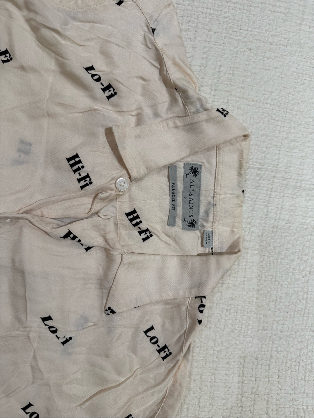 All Saints Cream Button-Down Shirt with Black 'Lo-Fi' Print